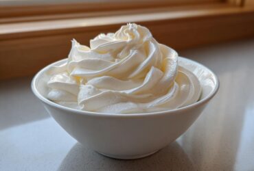 A white bowl filled with perfectly piped, glossy white sugar cookie icing, set near a window.