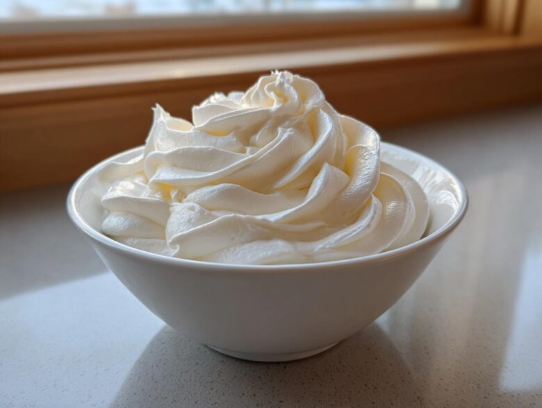 A white bowl filled with perfectly piped, glossy white sugar cookie icing, set near a window.