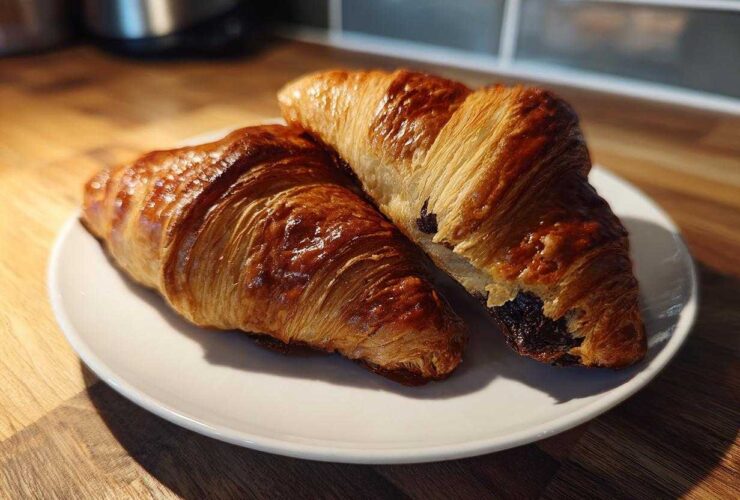 Two freshly baked, glossy chocolate croissant pastries resting on a white plate on a wooden countertop.