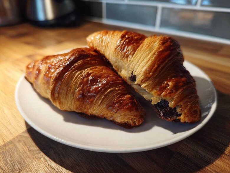 Two freshly baked, glossy chocolate croissant pastries resting on a white plate on a wooden countertop.