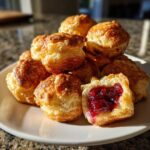 A stack of golden, flaky cranberry brie bites, with one bite cut open revealing the bright red cranberry filling.