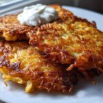Close-up of three crispy, golden brown potato pancakes stacked on a white plate, topped with a dollop of sour cream.