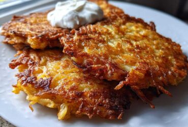 Close-up of three crispy, golden brown potato pancakes stacked on a white plate, topped with a dollop of sour cream.