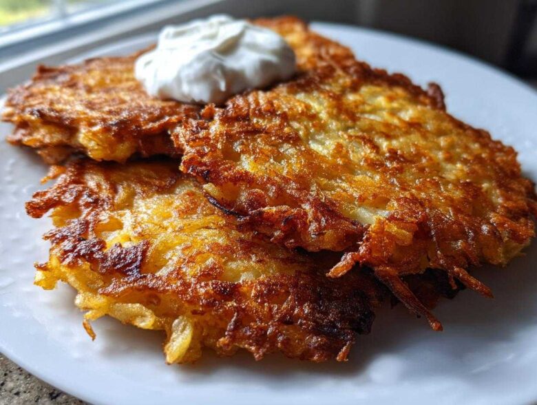 Close-up of three crispy, golden brown potato pancakes stacked on a white plate, topped with a dollop of sour cream.