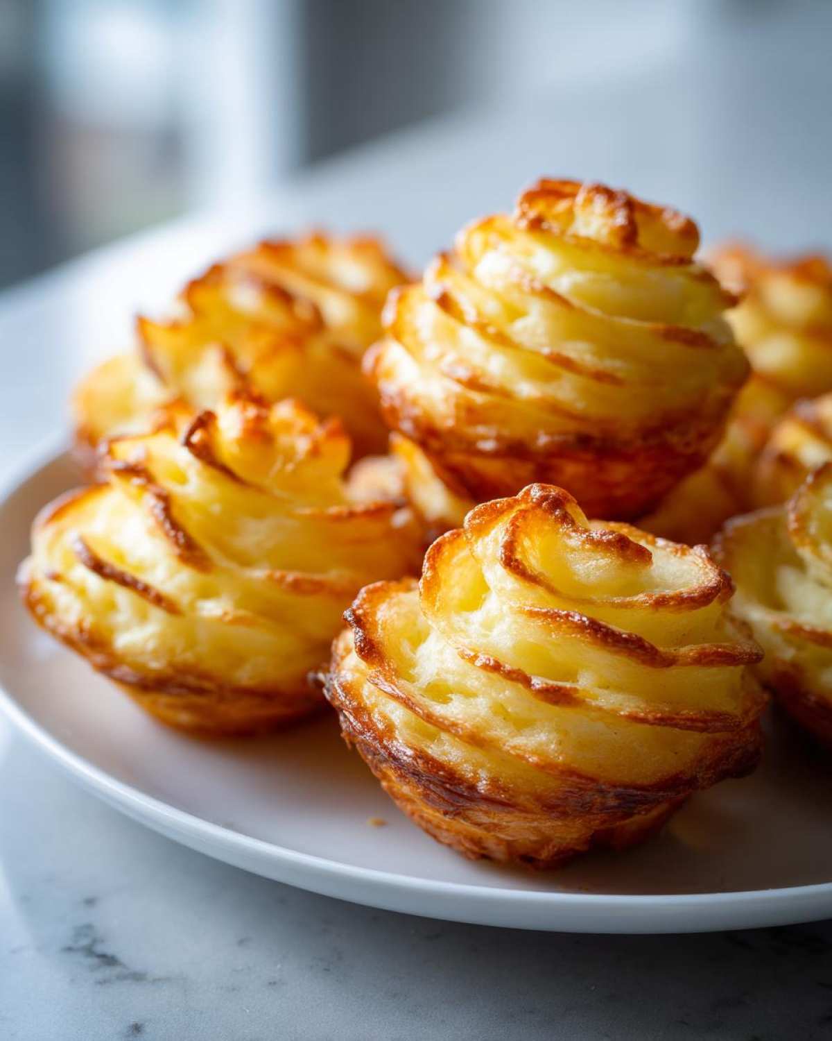 Close-up of several golden brown duchess potatoes piped into beautiful rosette shapes on a white plate.