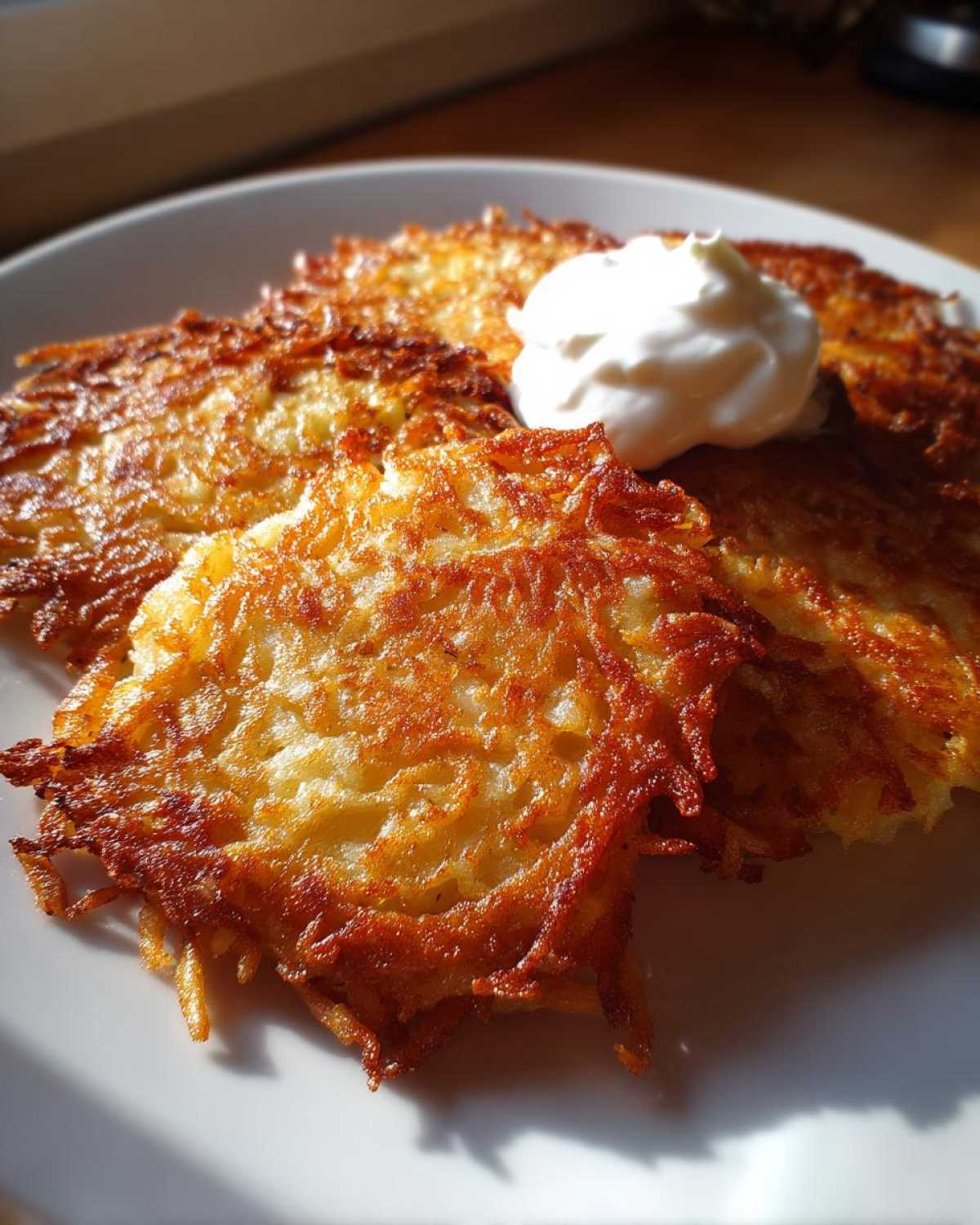 Close-up of crispy, golden brown potato pancakes served on a white plate with a dollop of sour cream.