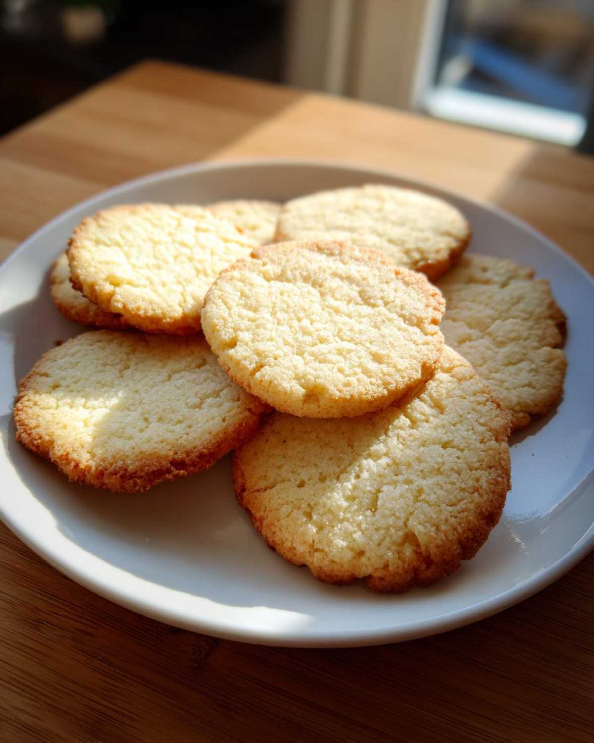 A stack of freshly baked, golden brown sugar cookie rounds resting on a white plate in bright sunlight.