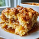 A close-up shot of a warm, gooey serving of apple cobbler with a crumbly topping and rich caramel sauce.