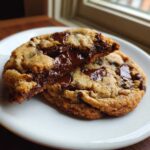Close-up of a chocolate chip cookie broken in half revealing melted, gooey chocolate chips inside.