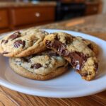 Close-up of several warm chocolate chip cookies, one broken open showing a gooey, melted chocolate center.