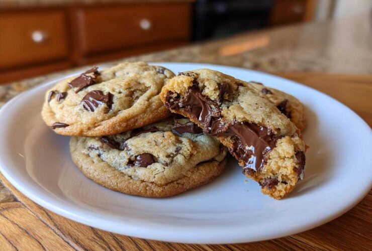 Close-up of several warm chocolate chip cookies, one broken open showing a gooey, melted chocolate center.