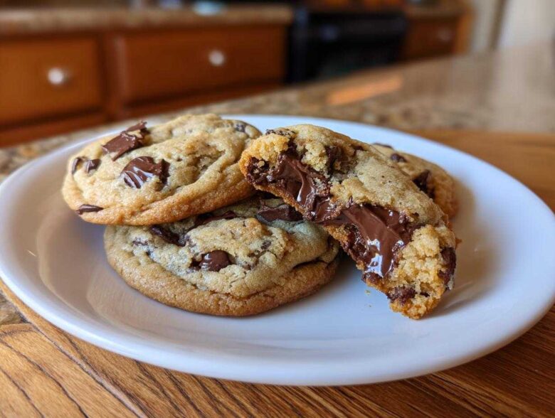 Close-up of several warm chocolate chip cookies, one broken open showing a gooey, melted chocolate center.