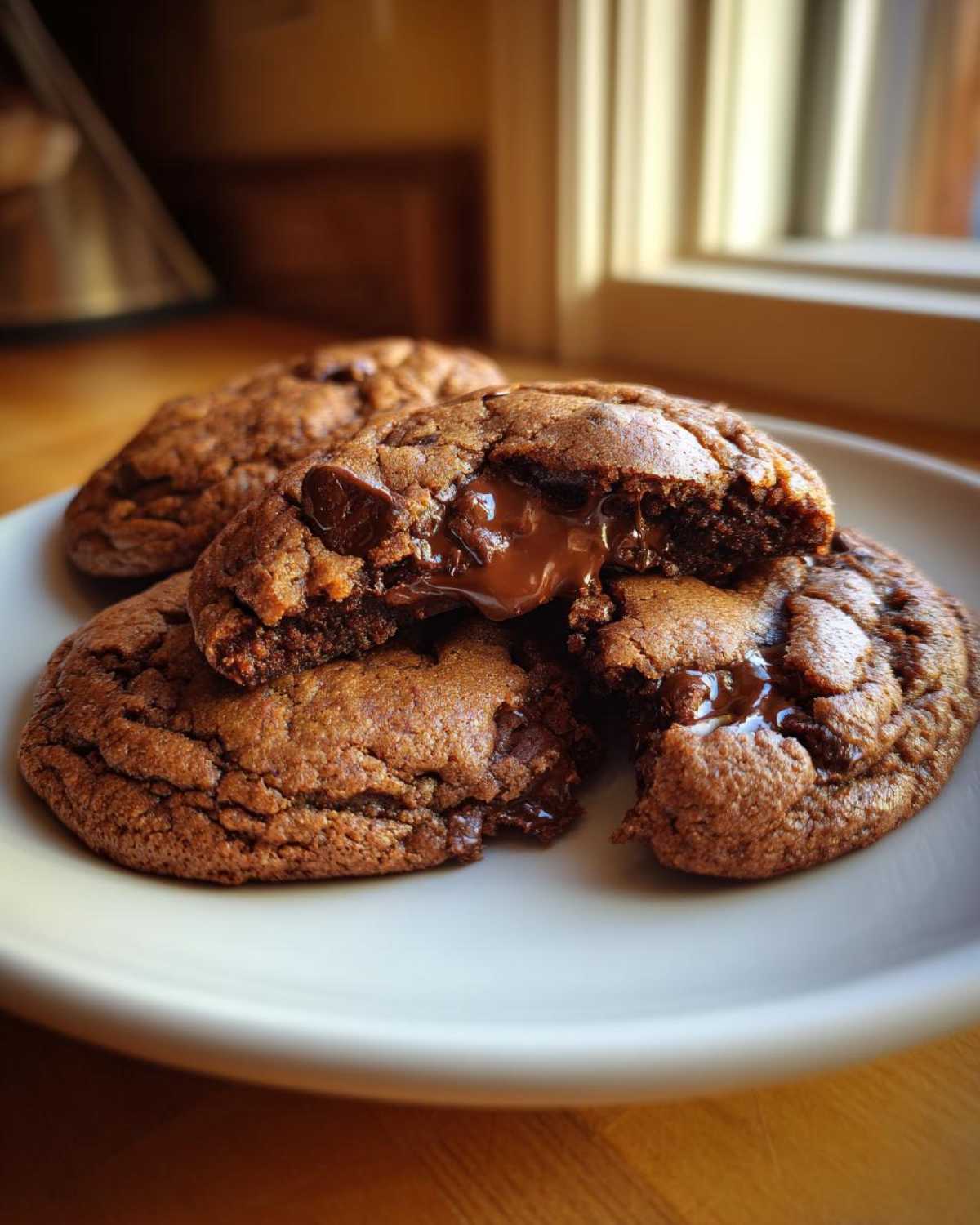 Close-up of rich, dark chocolate chip cookies, one broken open to show a gooey, molten chocolate center.