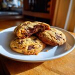 Close-up of three warm chocolate chip cookies, one broken open revealing a gooey melted center.