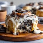 Close-up of a gooey Oreo cinnamon rolls slice covered in white frosting and crushed cookies.