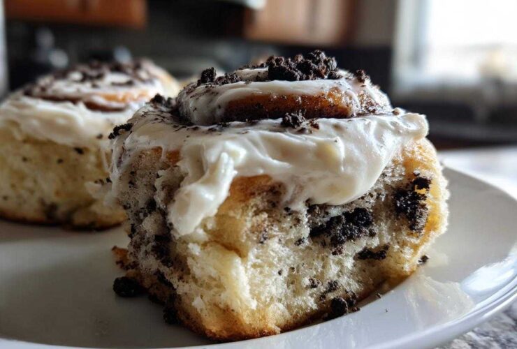 Close-up of a gooey Oreo cinnamon roll covered in white frosting and crushed cookie pieces.