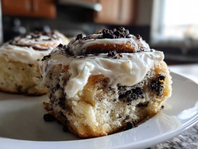 Close-up of a gooey Oreo cinnamon roll covered in white frosting and crushed cookie pieces.