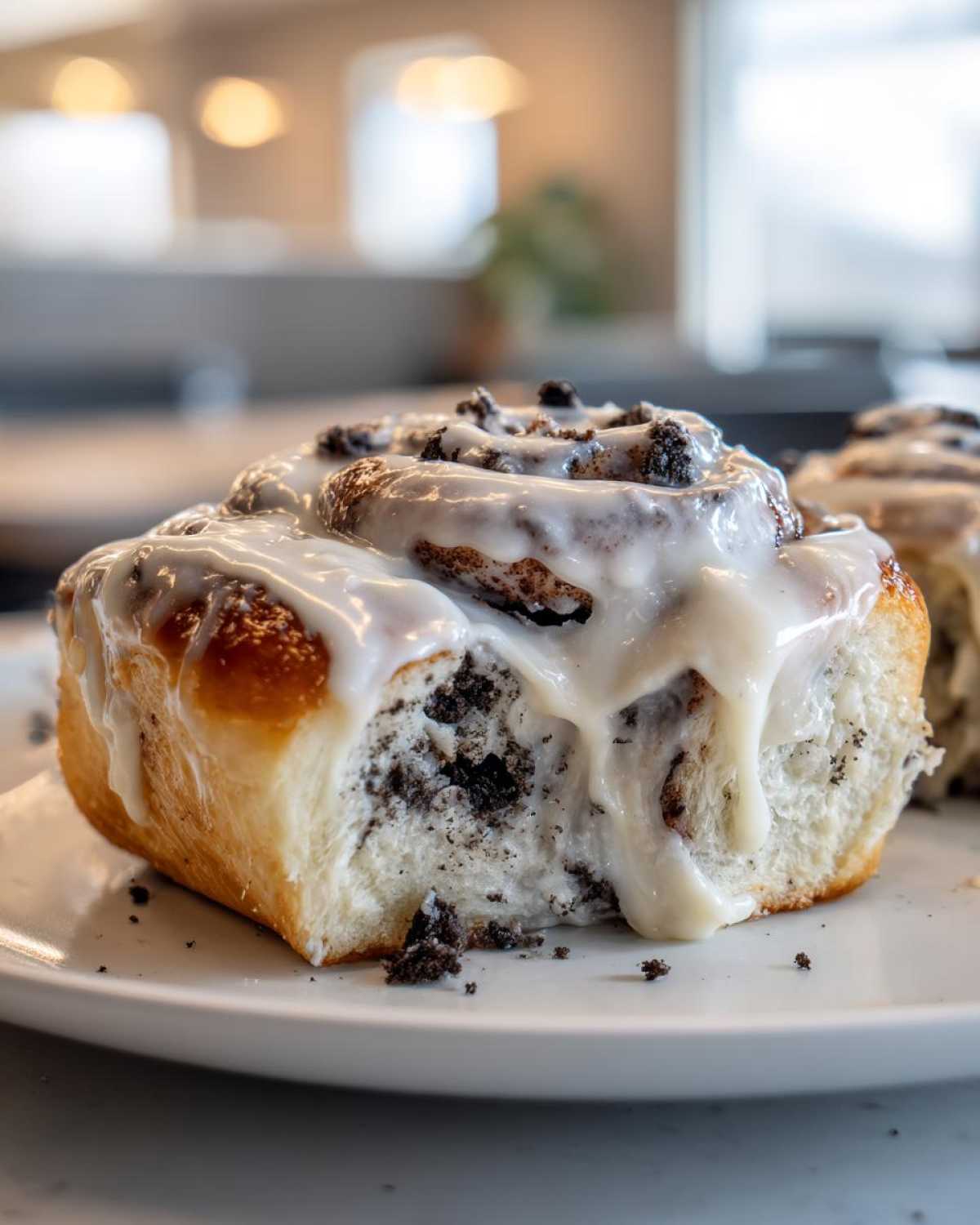 Close-up of a gooey Oreo cinnamon rolls slice, dripping with white icing and filled with chocolate cookie crumbles.