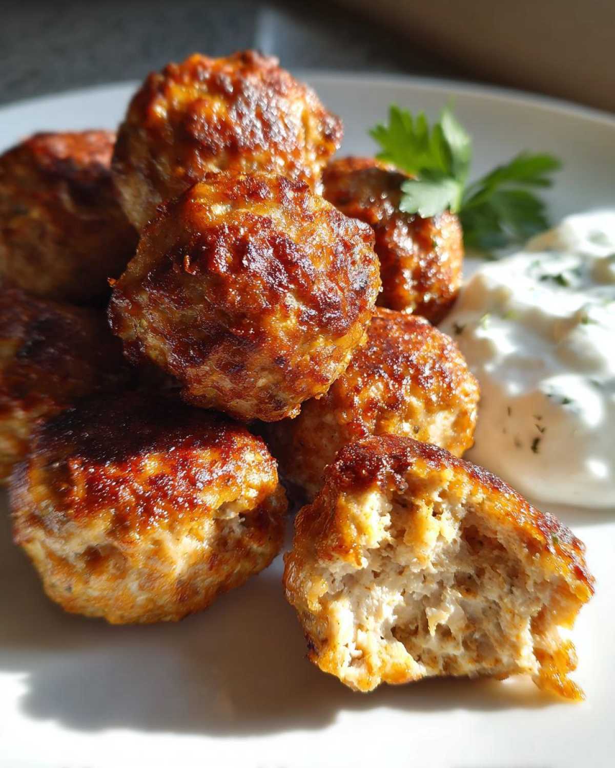 Close-up of golden brown greek chicken meatballs, one bitten open, served with tzatziki sauce.
