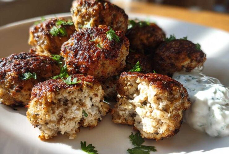 Close-up of golden brown greek chicken meatballs, one cut open, served with a dollop of tzatziki sauce.