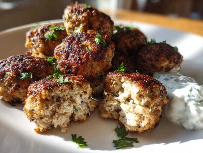 Close-up of golden brown greek chicken meatballs, one cut open, served with a dollop of tzatziki sauce.