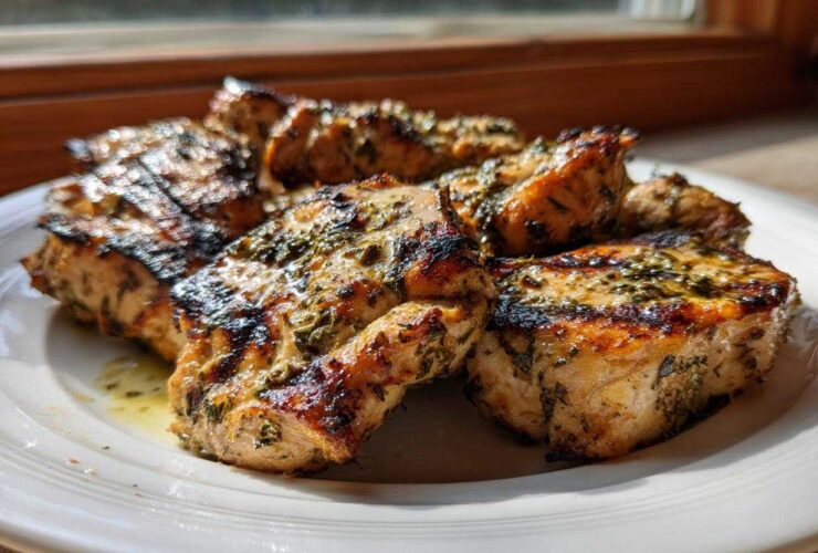 Close-up of grilled chicken pieces coated in a green herb chicken marinade, showing char marks.