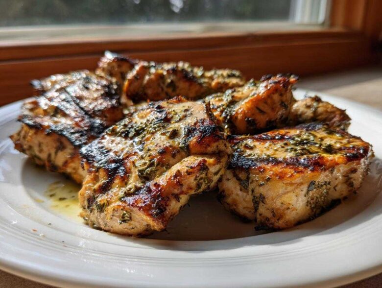 Close-up of grilled chicken pieces coated in a green herb chicken marinade, showing char marks.