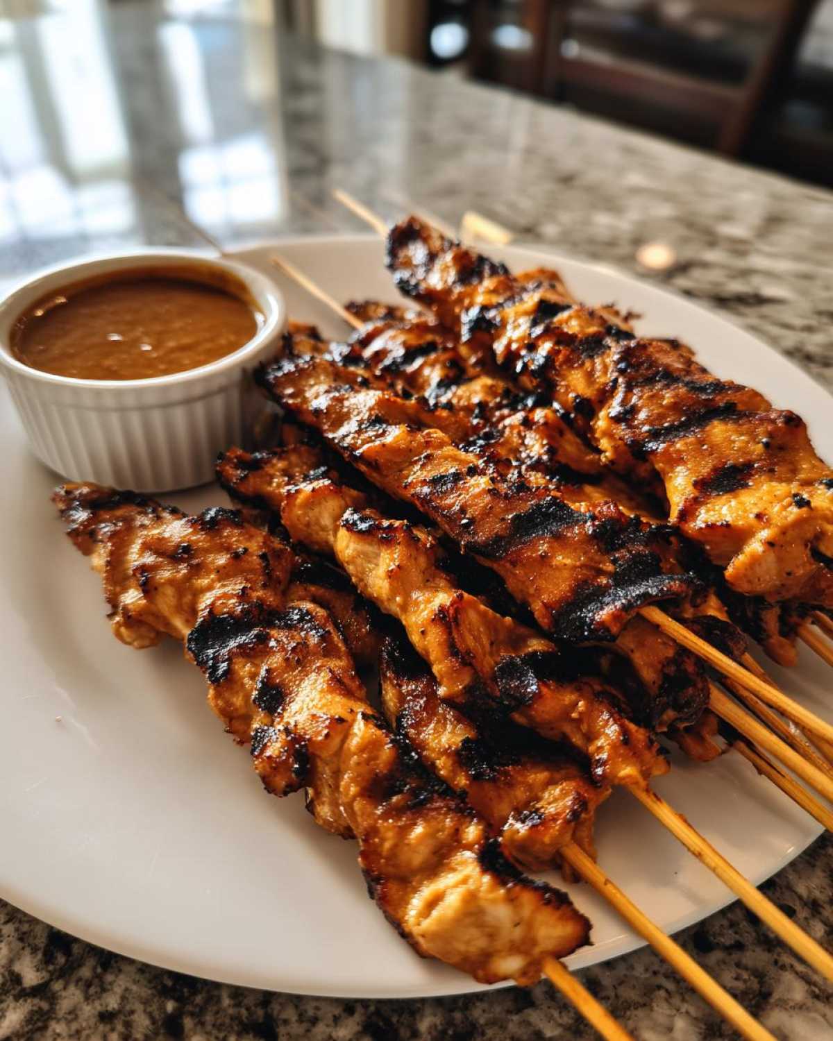 A plate of perfectly grilled chicken satay skewers served next to a small bowl of creamy peanut dipping sauce.