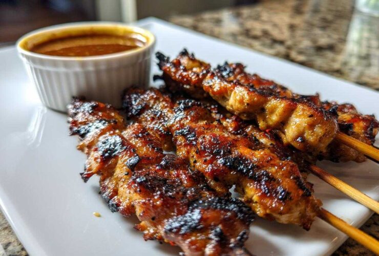 Close-up of perfectly grilled chicken satay skewers served on a white plate next to a small ramekin of creamy peanut sauce.