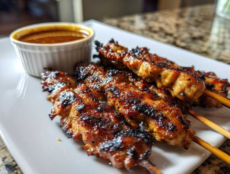 Close-up of perfectly grilled chicken satay skewers served on a white plate next to a small ramekin of creamy peanut sauce.