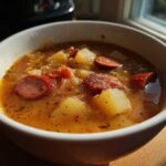 Close-up of a white bowl filled with rich, golden sauerkraut soup featuring chunks of potato and sliced smoked sausage.