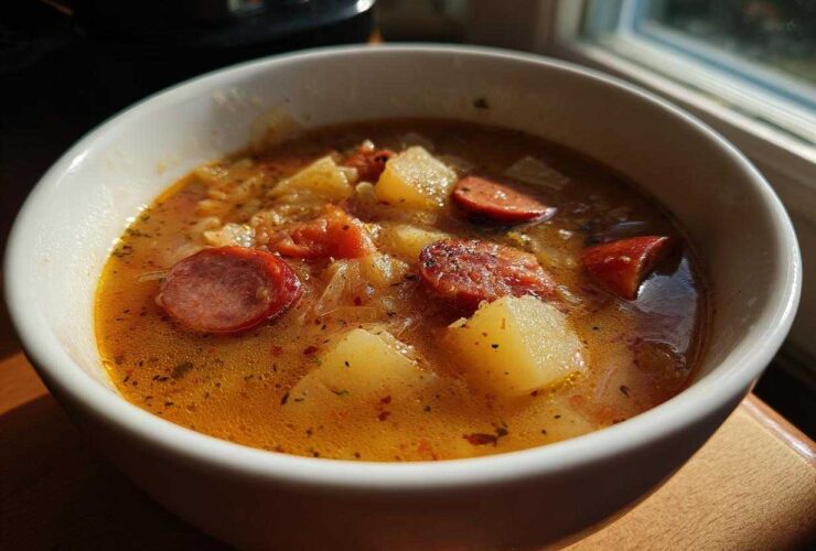 Close-up of a white bowl filled with rich, golden sauerkraut soup featuring chunks of potato and sliced smoked sausage.