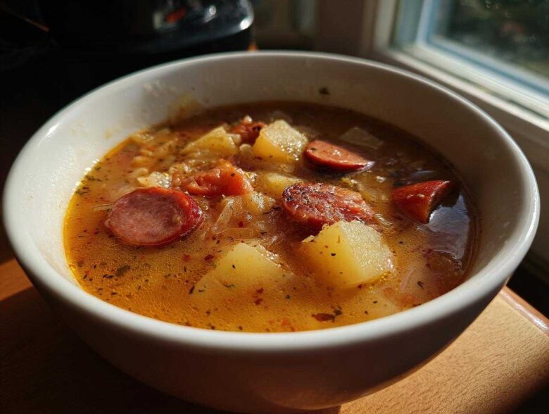 Close-up of a white bowl filled with rich, golden sauerkraut soup featuring chunks of potato and sliced smoked sausage.