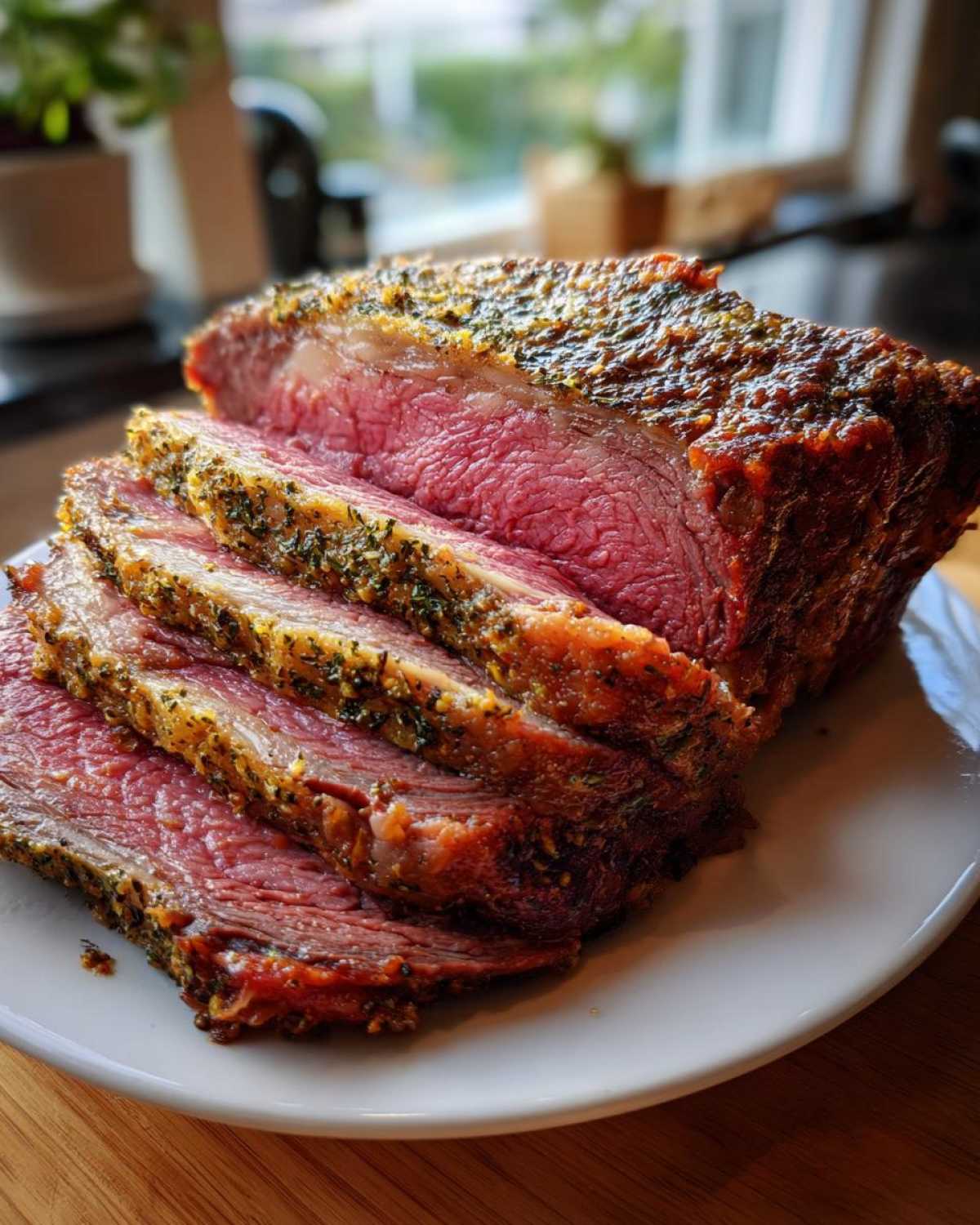 Close-up of a perfectly cooked prime rib recipe roast, sliced medium-rare with a thick herb crust.
