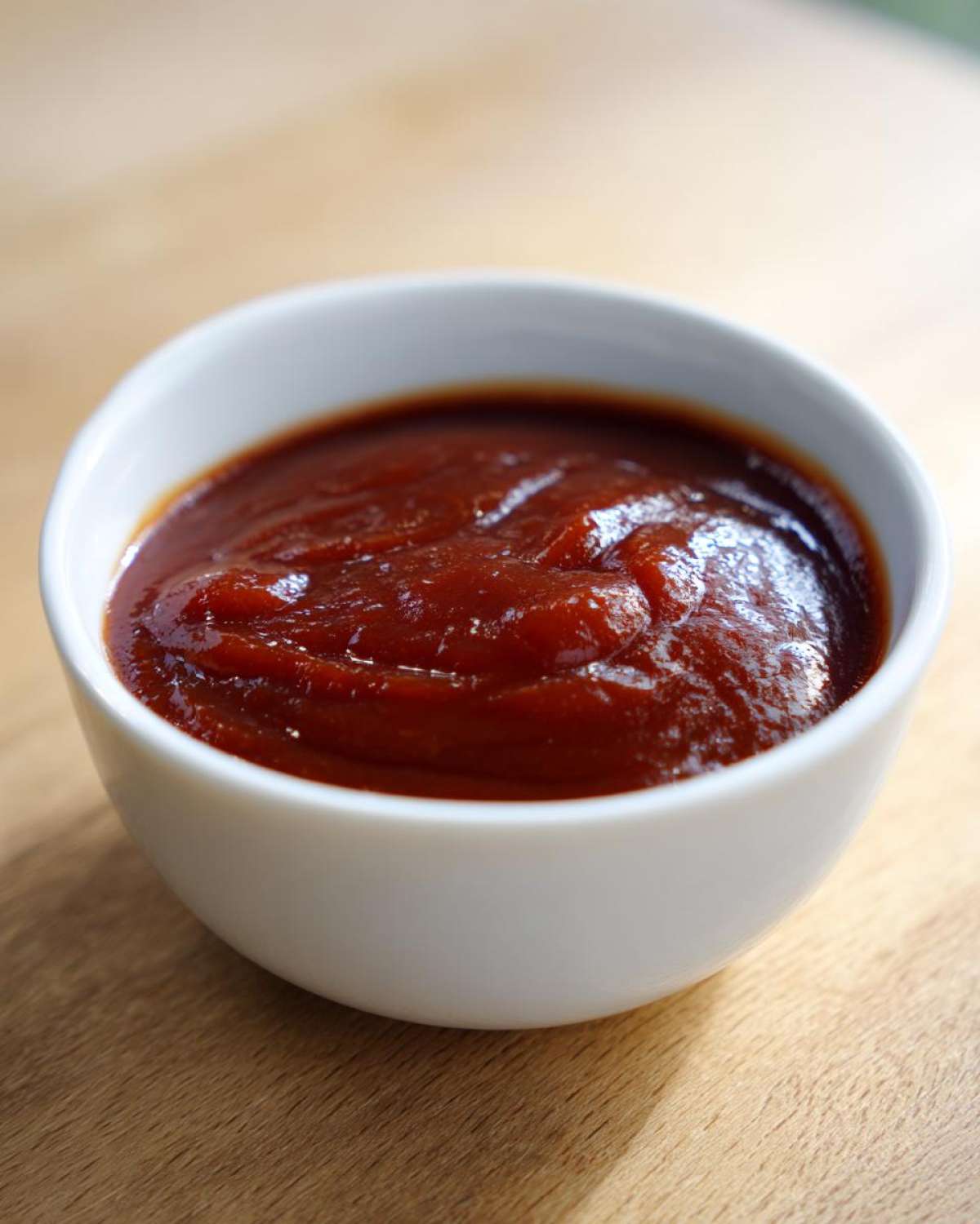 Close-up of thick, rich homemade bbq sauce served in a small white bowl on a wooden surface.