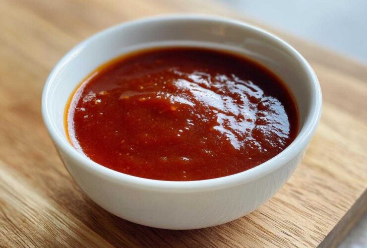 Close-up of rich, dark red homemade bbq sauce served in a small white bowl on a wooden cutting board.