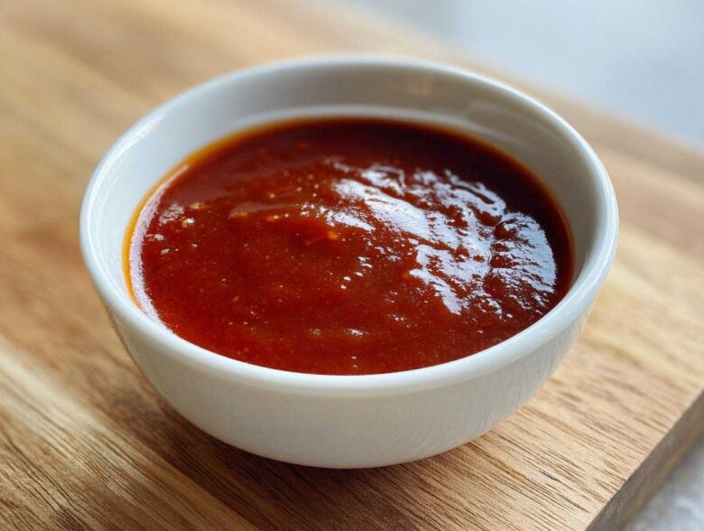 Close-up of rich, dark red homemade bbq sauce served in a small white bowl on a wooden cutting board.