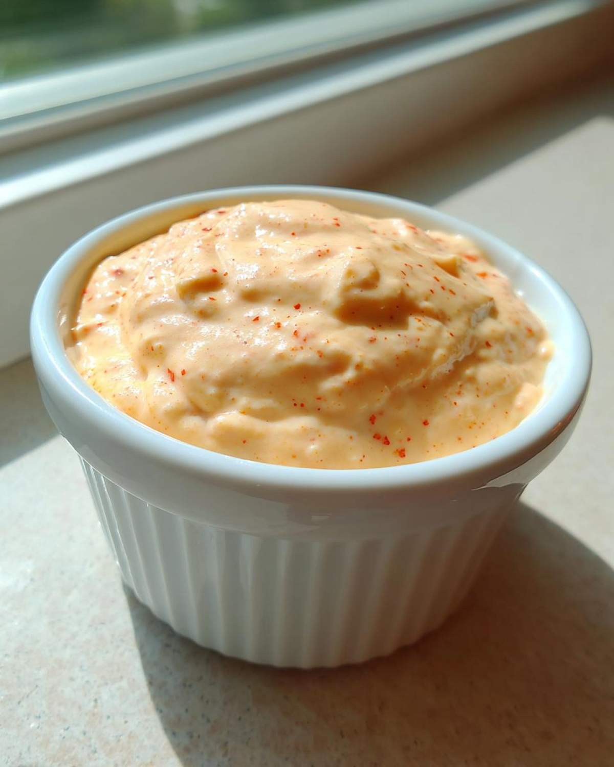 Close-up of creamy, orange-hued big mac sauce speckled with red spices in a white fluted bowl.