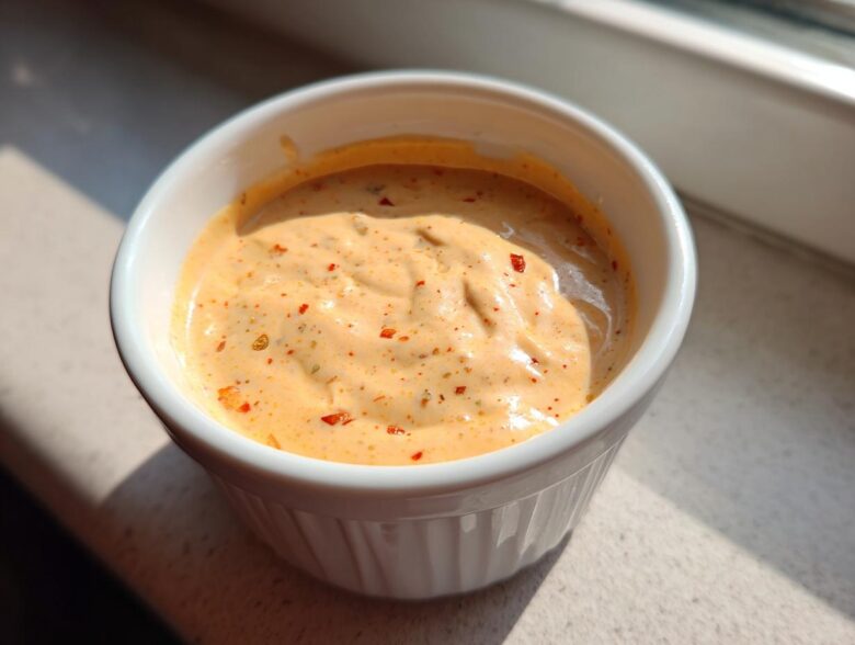 Close-up of creamy, orange-hued big mac sauce speckled with red pepper flakes in a small white bowl.