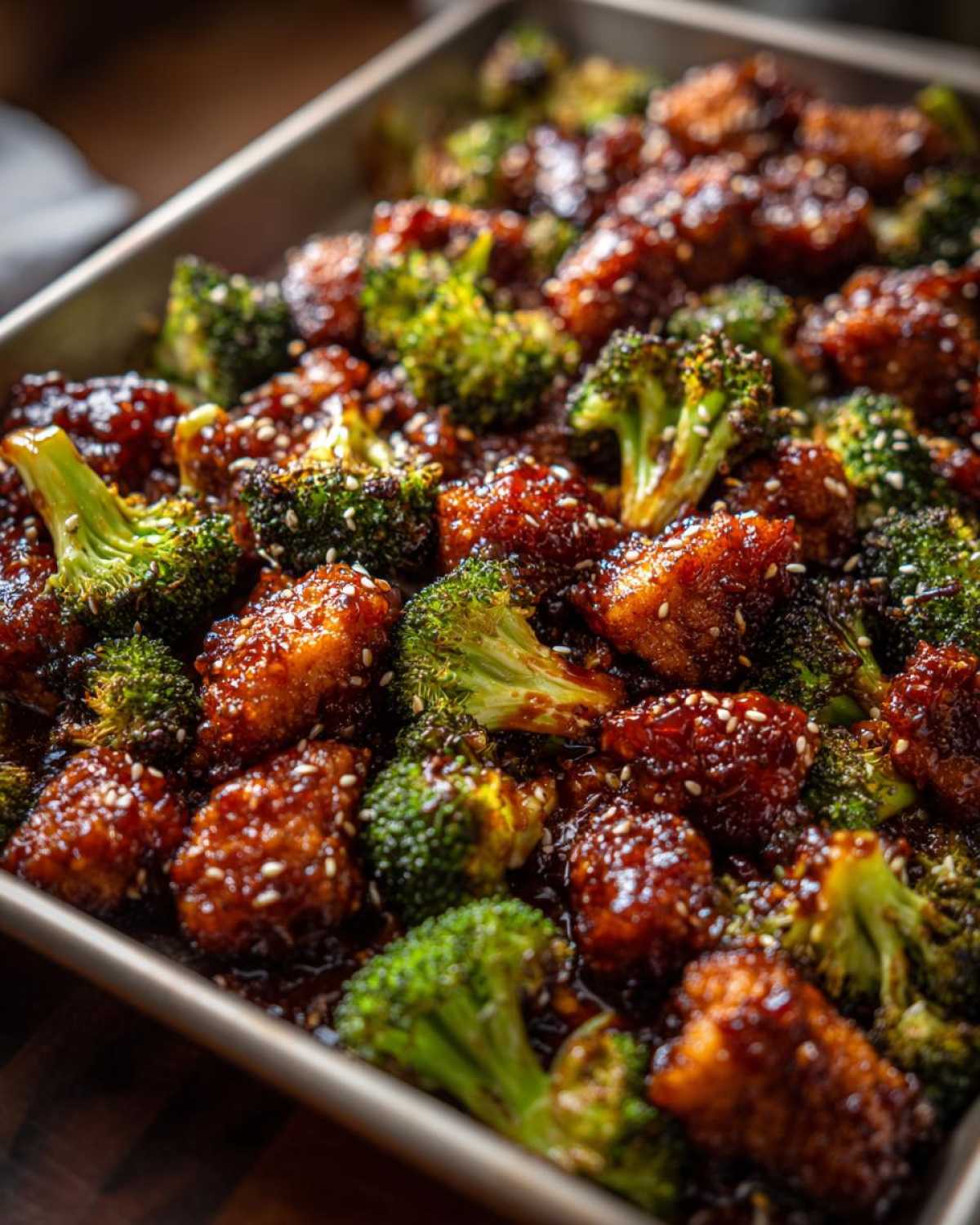 Close-up of baked chicken and broccoli coated in sticky honey garlic sauce and sprinkled with sesame seeds.
