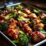 Close-up of baked honey garlic chicken and broccoli pieces sprinkled with sesame seeds on a sheet pan.