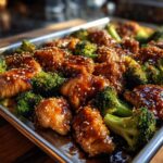 Close-up of glazed honey garlic chicken and broccoli pieces roasted together on a sheet pan, sprinkled with sesame seeds.