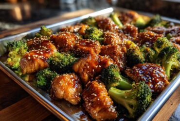Close-up of glazed honey garlic chicken and broccoli pieces roasted together on a sheet pan, sprinkled with sesame seeds.