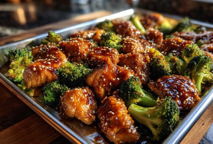 Close-up of glazed honey garlic chicken and broccoli pieces roasted together on a sheet pan, sprinkled with sesame seeds.