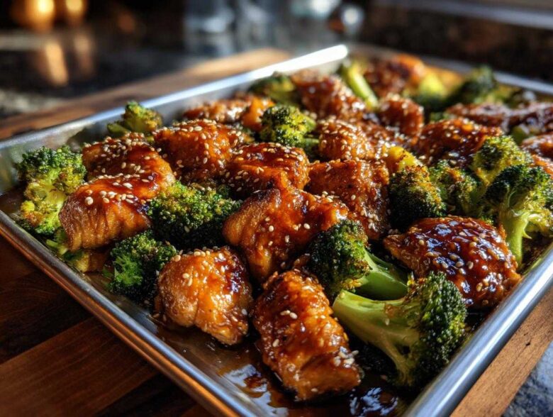 Close-up of glazed honey garlic chicken and broccoli pieces roasted together on a sheet pan, sprinkled with sesame seeds.