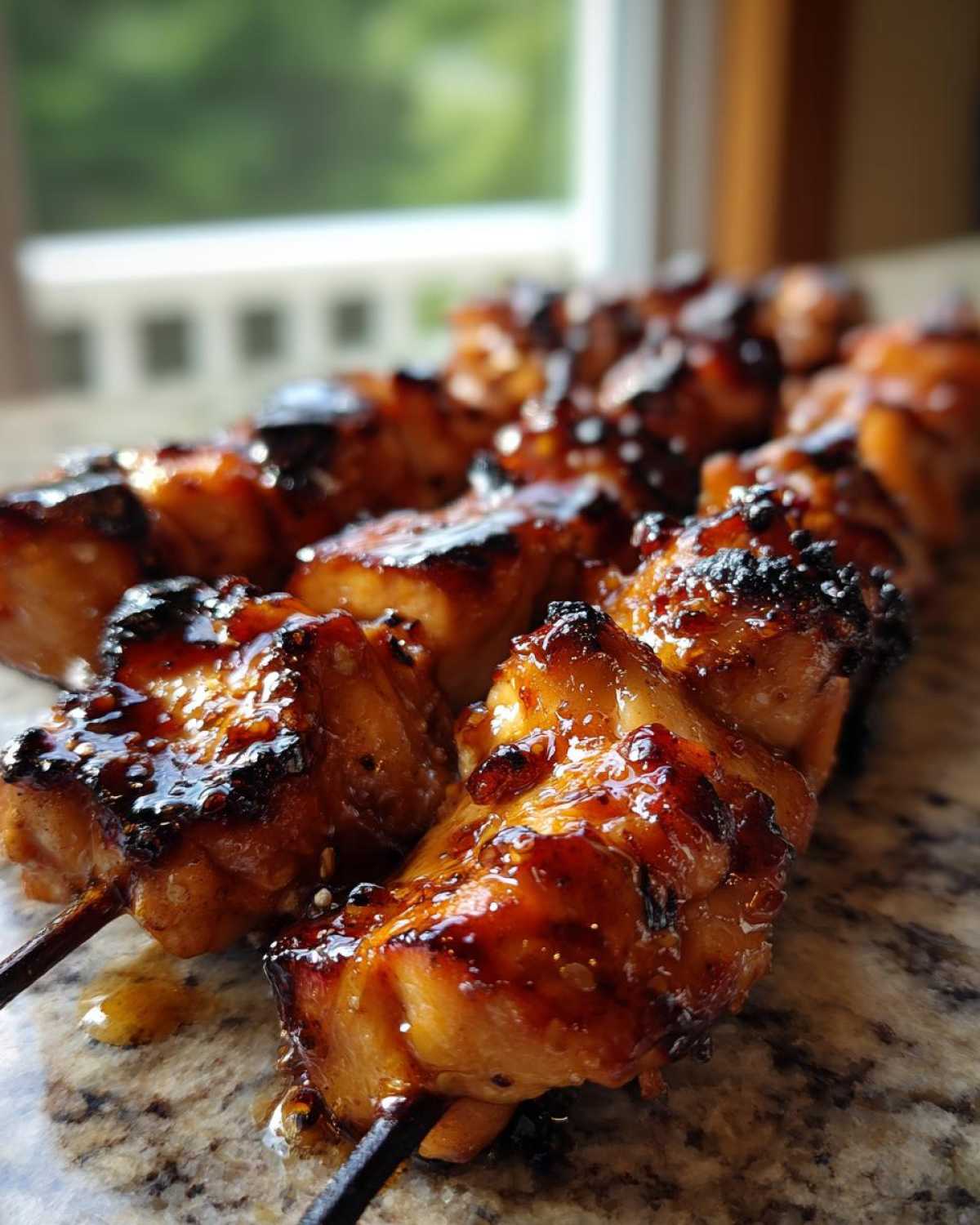 Close-up of several juicy honey garlic chicken skewers with a dark, caramelized glaze resting on a granite counter.