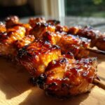 Close-up of perfectly grilled, glossy honey garlic chicken skewers resting on a wooden board.