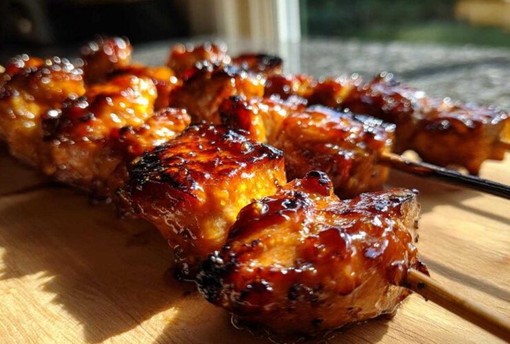 Close-up of perfectly grilled, glossy honey garlic chicken skewers resting on a wooden board.