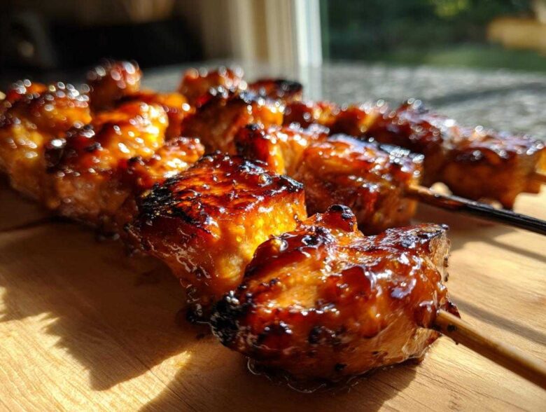 Close-up of perfectly grilled, glossy honey garlic chicken skewers resting on a wooden board.