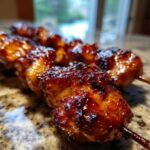 Close-up of perfectly caramelized and glazed honey garlic chicken skewers resting on a granite countertop.